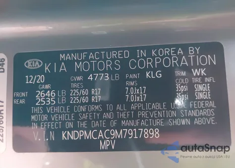 2021 Kia Sportage Lx z USA, uszkodzony, nr VIN KNDPMCAC9M7917898